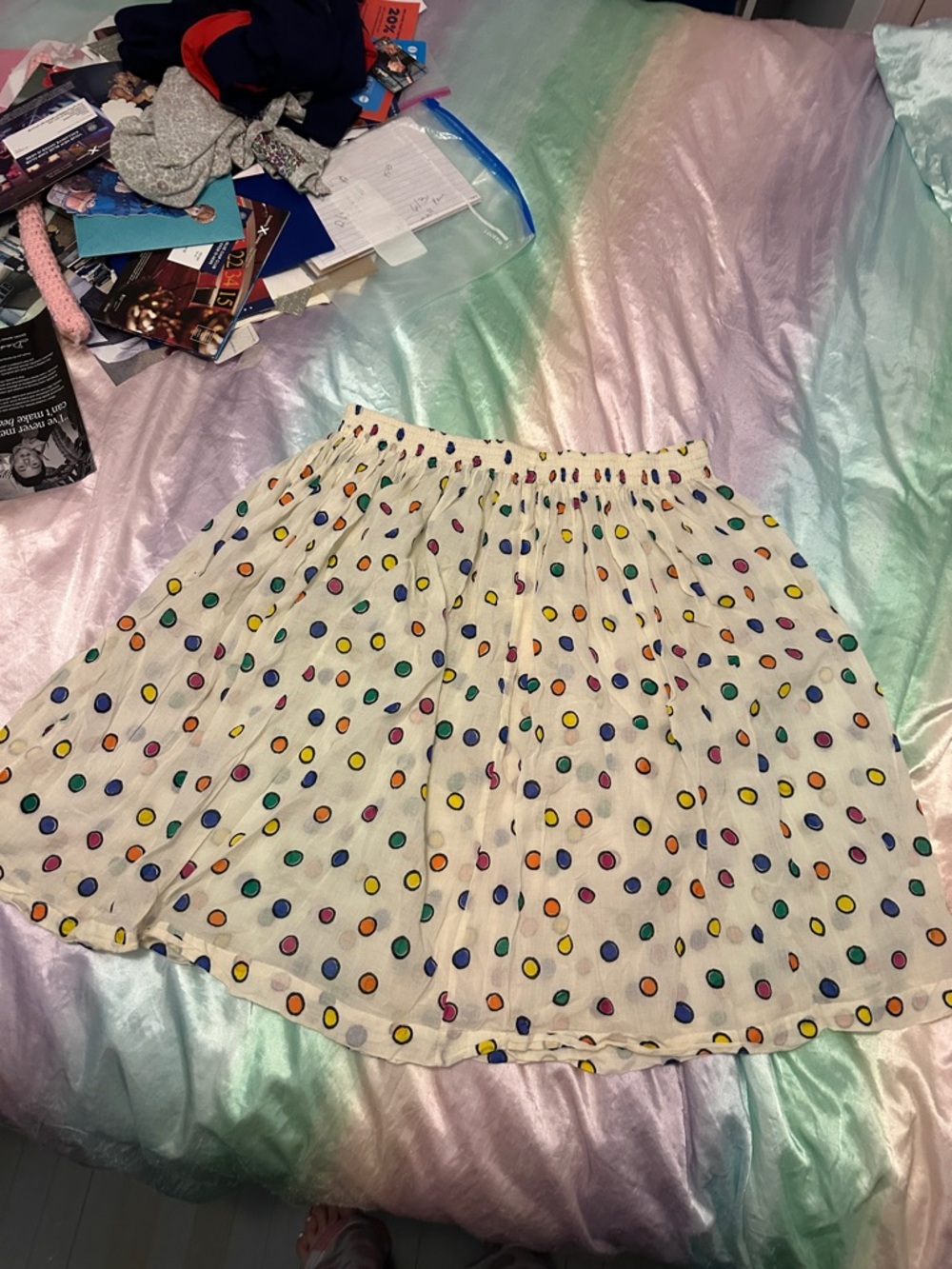 French Connection Cream Skirt with Multicolor Polka Dots